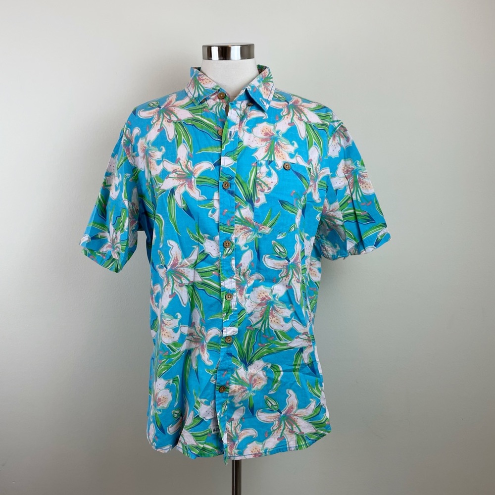 Colours Alexander Julian Blue Tropical Floral Hawaiian Button Down Shirt Large